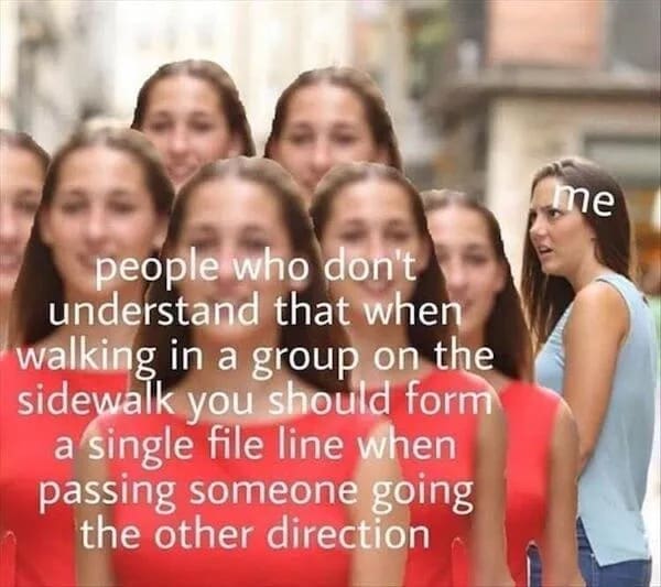 funny pics people who don't understand that when walking in a group on the sidewalk you should form a single file line when passing someone going the other direction