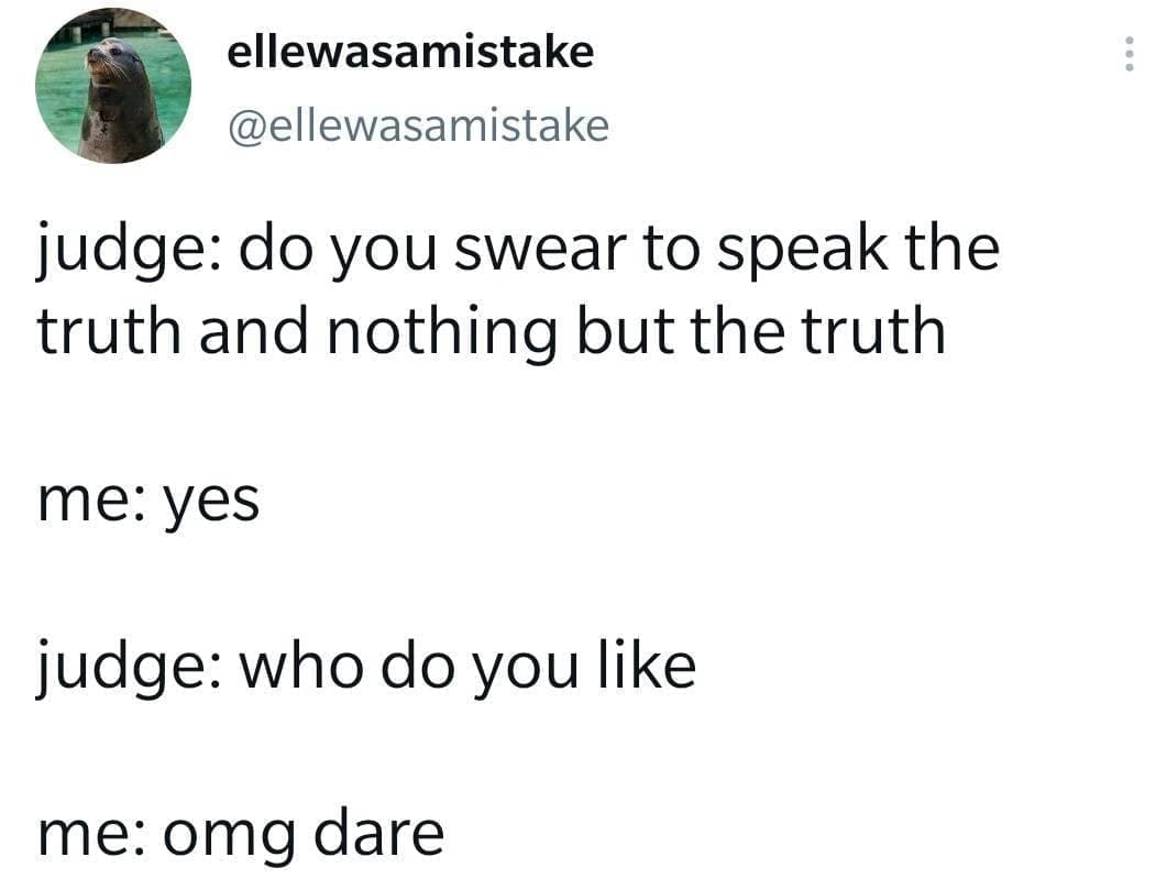 funny pics judge: do you swear to speak the truth and nothing but the truth me: yes judge: who do you like me: omg dare