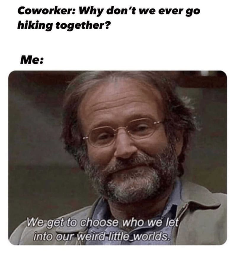 Hiking Memes Coworker: Why don't we ever go hiking together? Me: We get to choose who we let into our weird little worlds.