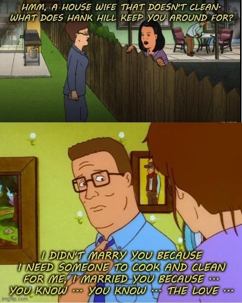 King of the Hill Memes HMM, A HOUSE WIFE THAT DOESN'T CLEAN-WHAT DOES HANK HILL KEEP YOU AROUND FOR? I DIDN'T MARRY YOU BECAUSE I NEED SOMEONE TO COOK AND CLEAN FOR ME I MARRIED YOU BECAUSE 00. YOU KNOW .. YOU KNOW 9. THE LOVE