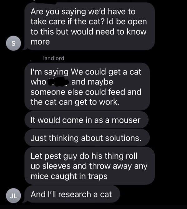 landlord hires a cat, landlord hires a cat to deal with a mouse problem, funny text exchange, unconventional pest control, humorous landlord tenant interaction, comedic landlord communication, rodent problem resolution, feline pest management