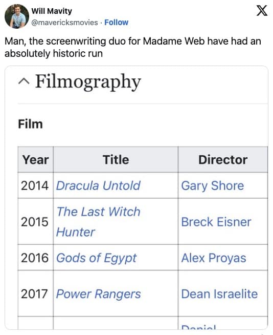 Madame Web movie roast, Twitter reactions, cinematic disaster mockery, Madame Web social media posts, film flop tweets, sarcastic comments on movie failure