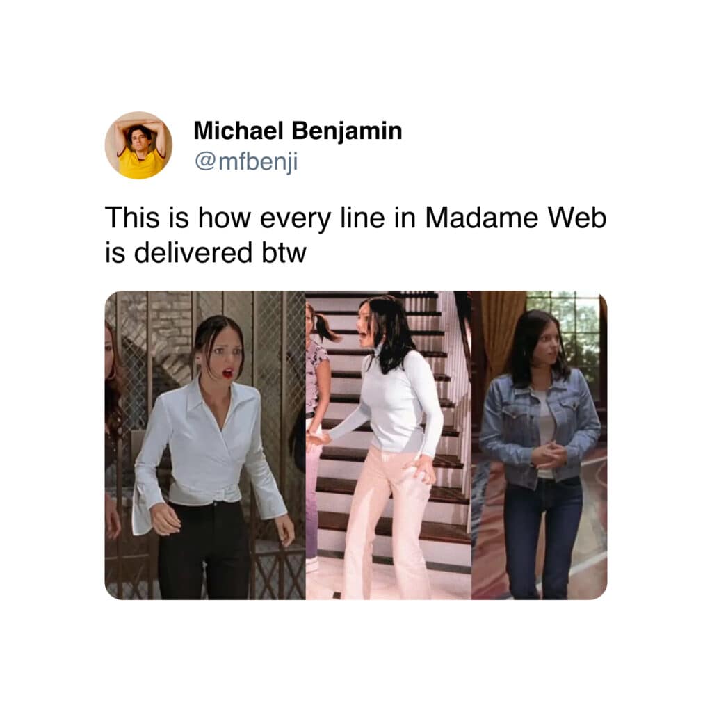 Madame Web movie roast, Twitter reactions, cinematic disaster mockery, Madame Web social media posts, film flop tweets, sarcastic comments on movie failure