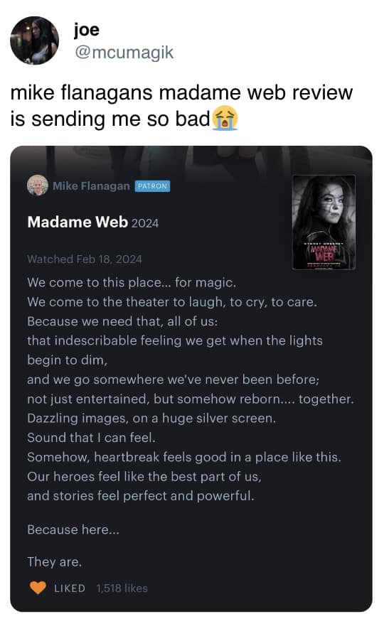 Madame Web movie roast, Twitter reactions, cinematic disaster mockery, Madame Web social media posts, film flop tweets, sarcastic comments on movie failure