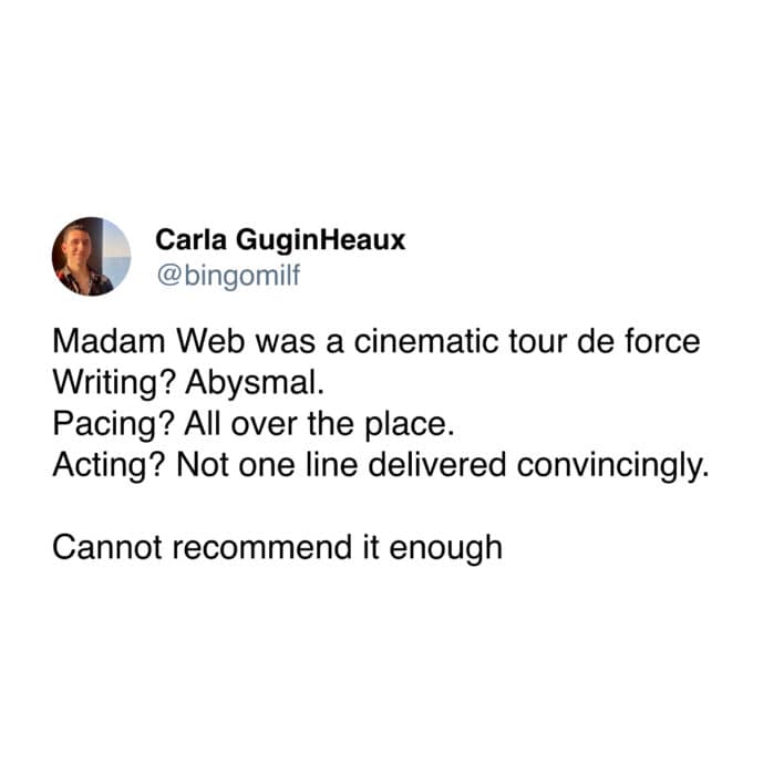 Madame Web movie roast, Twitter reactions, cinematic disaster mockery, Madame Web social media posts, film flop tweets, sarcastic comments on movie failure