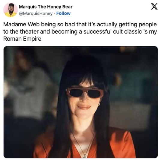 Madame Web movie roast, Twitter reactions, cinematic disaster mockery, Madame Web social media posts, film flop tweets, sarcastic comments on movie failure
