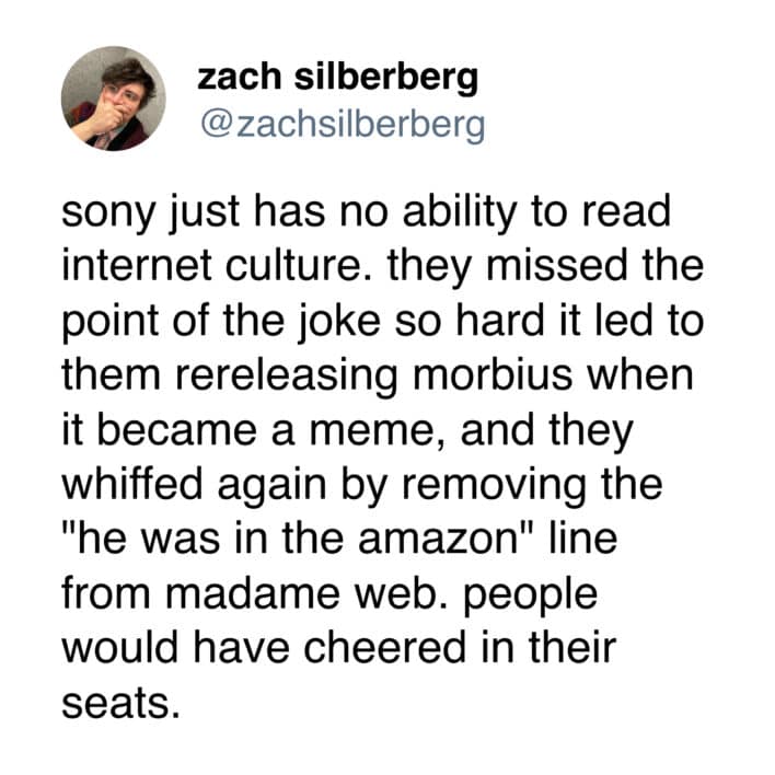 Madame Web movie roast, Twitter reactions, cinematic disaster mockery, Madame Web social media posts, film flop tweets, sarcastic comments on movie failure