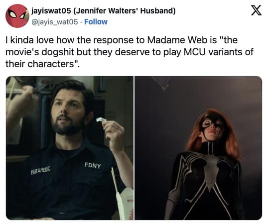 Madame Web movie roast, Twitter reactions, cinematic disaster mockery, Madame Web social media posts, film flop tweets, sarcastic comments on movie failure