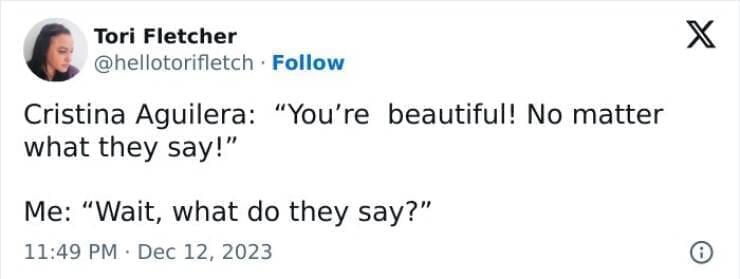 Cristina Aguilera: "You're beautiful! No matter what they say!" Me: "Wait, what do they say?"