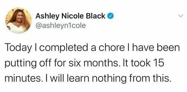 Neurodivergent Memes Today I completed a chore I have been putting off for six months. It took 15 minutes. I will learn nothing from this.