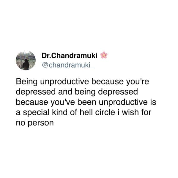 Neurodivergent Memes @chandramuki_ Being unproductive because you're depressed and being depressed because you've been unproductive is a special kind of hell circle i wish for no person