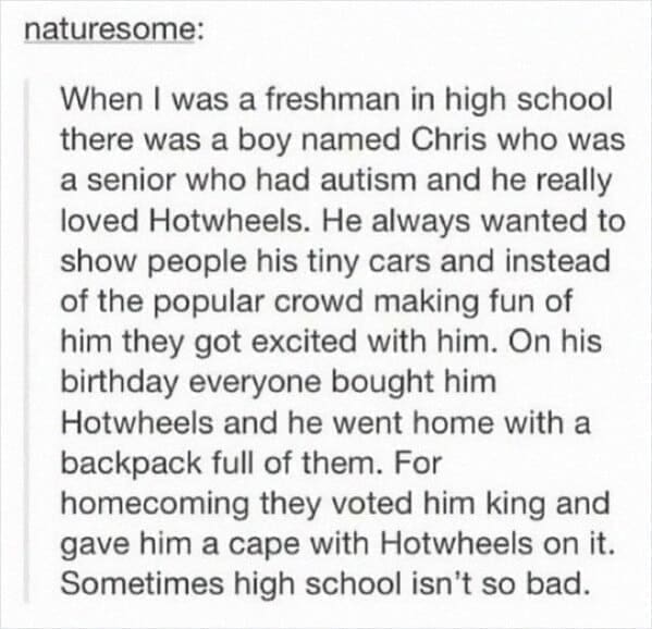 Positive memes When I was a freshman in high school there was a boy named Chris who was a senior who had autism and he really loved Hotwheels. He always wanted to show people his tiny cars and instead of the popular crowd making fun of him they got excited with him. On his birthday everyone bought him Hotwheels and he went home with a backpack full of them. For homecoming they voted him king and gave him a cape with Hotwheels on it. Sometimes high school isn't so bad.