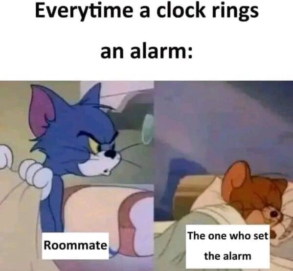 Roommate memes Everytime a clock rings an alarm: Roommate The one who set the alarm