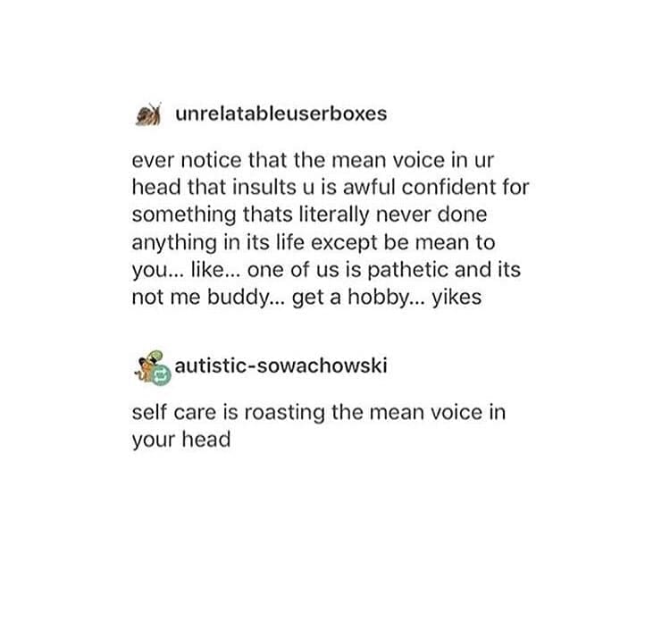 Self Care Memes ever notice that the mean voice in ur head that insults u is awful confident for something thats literally never done anything in its life except be mean to you... like... one of us is pathetic and its not me buddy... get a hobby... yikes