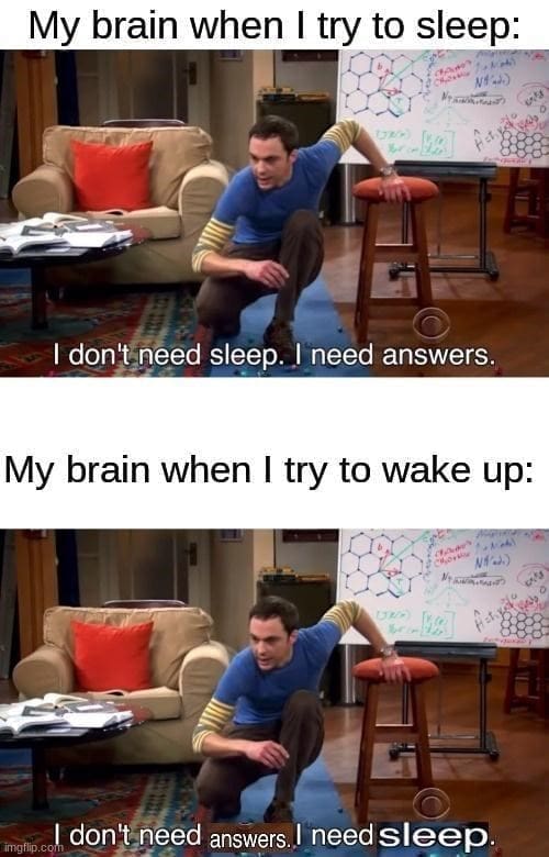 Sleep memes My brain when I try to sleep: I don't need sleep. I need answers. My brain when I try to wake up: I don't need answers. I need sleep.