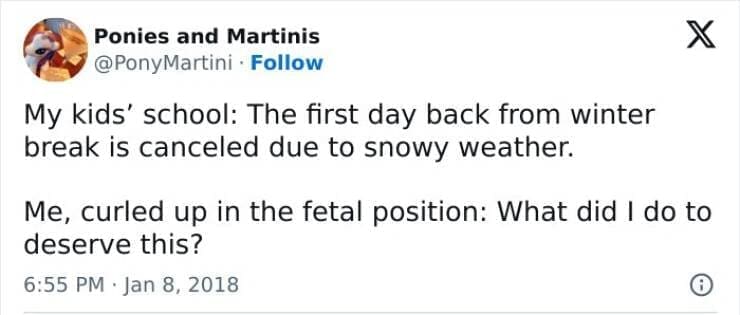 Snow Day Memes My kids' school: The first day back from winter break is canceled due to snowy weather. X Me, curled up in the fetal position: What did I do to deserve this?
