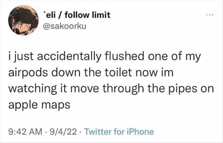 i just accidentally flushed one of my airpods down the toilet now im watching it move through the pipes on apple maps
