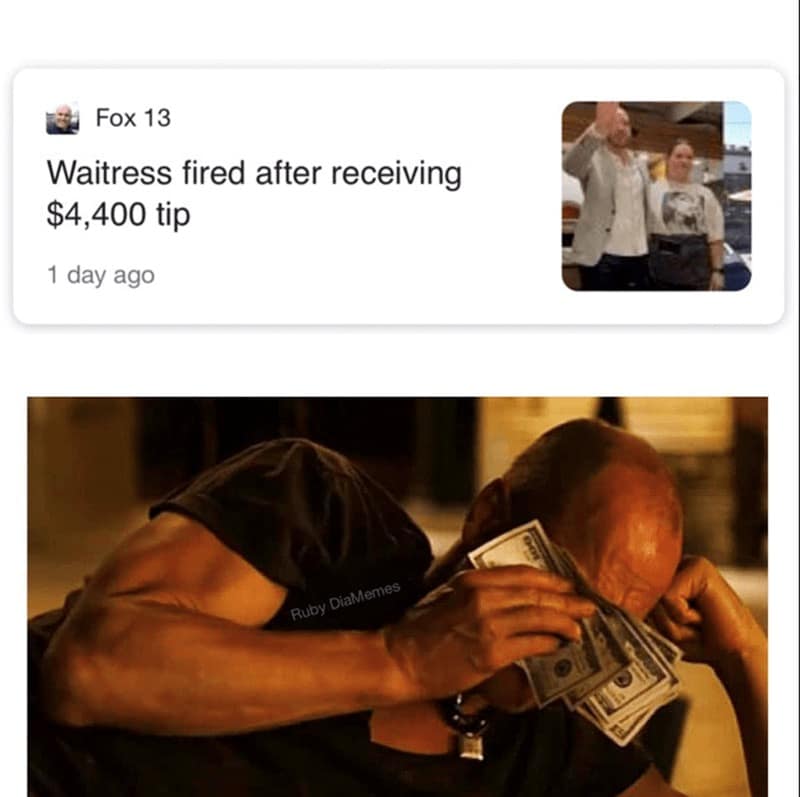 Waitress fired after receiving $4,400 tip