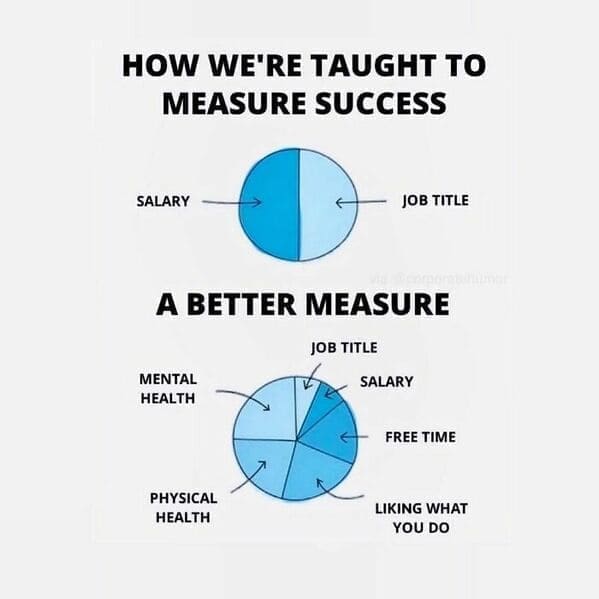 Workplace memes HOW WE'RE TAUGHT TO MEASURE SUCCESS SALARY JOB TITLE A BETTER MEASURE JOB TITLE MENTAL HEALTH SALARY FREE TIME PHYSICAL HEALTH LIKING WHAT