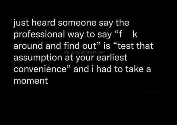 Workplace memes just heard someone say the professional way to say "f k around and find out" is "test that assumption at your earliest convenience" and i had to take a moment