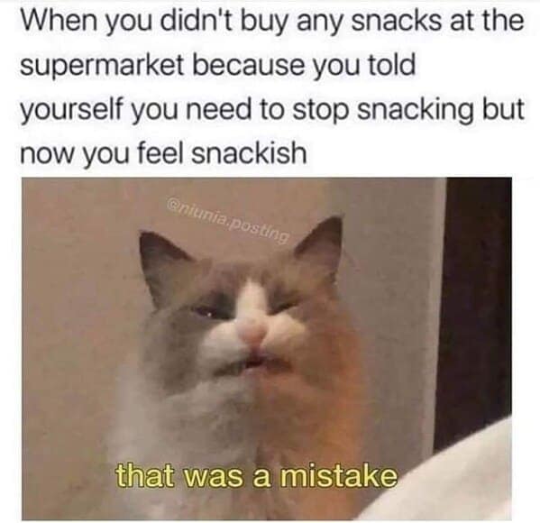 When you didn't buy any snacks at the supermarket because you told yourself you need to stop snacking but now you feel snackish