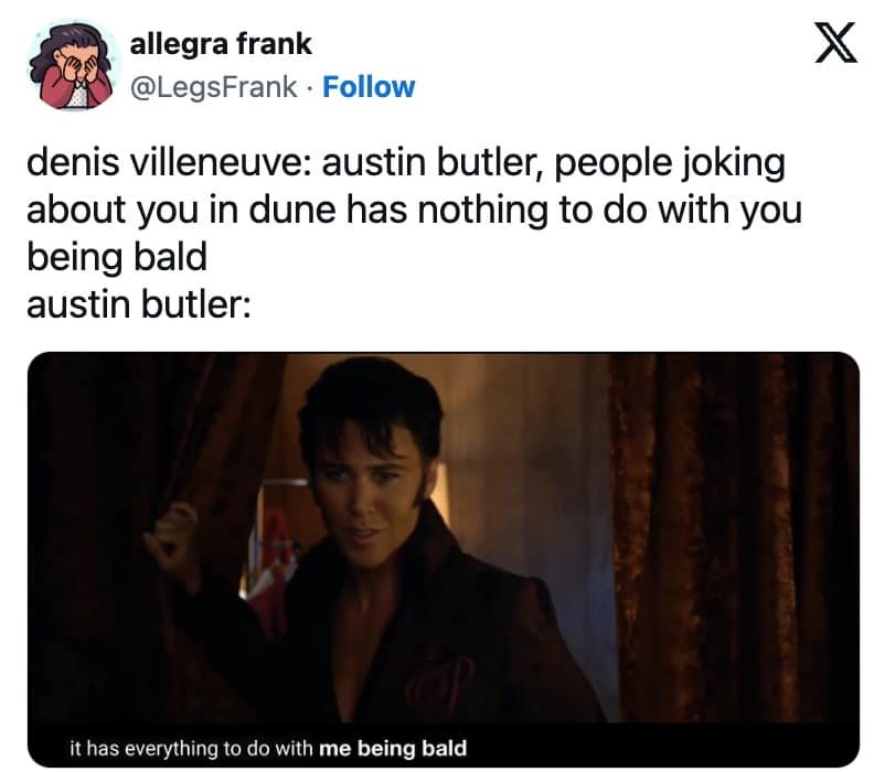 austin butler bald memes, dune 2 memes, austin butler bald