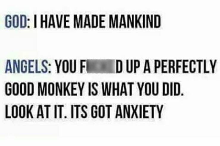 Brain memes GOD: I HAVE MADE MANKIND ANGELS: YOU FIC D UP A PERFECTLY GOOD MONKEY IS WHAT YOU DID. LOOK AT IT. ITS GOT ANXIETY