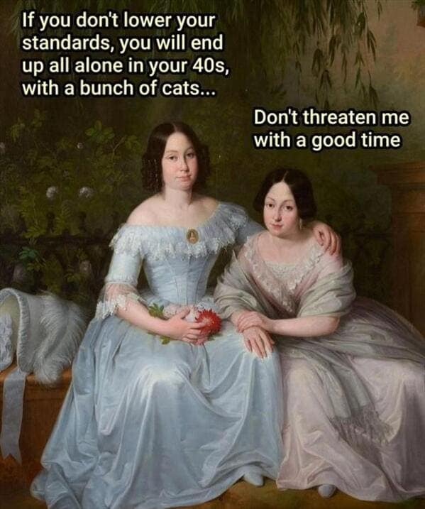 If you don't lower your standards, you will end up all alone in your 40s, with a bunch of cats... Don't threaten me with a good time