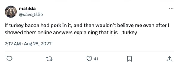 If turkey bacon had pork in it, and then wouldn't believe me even after ! showed them online answers explaining that it is... turkey