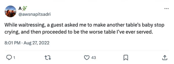 While waitressing, a guest asked me to make another table's baby stop crying, and then proceeded to be the worse table l've ever served.