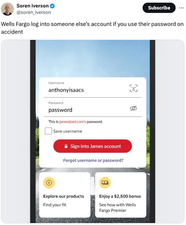 Wells Fargo log into someone else's account if you use their password on accident