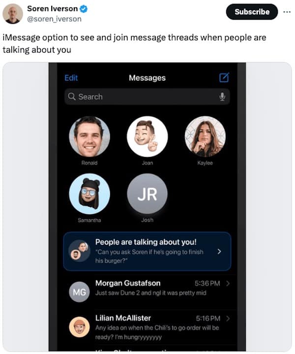 iMessage option to see and join message threads when people are talking about you