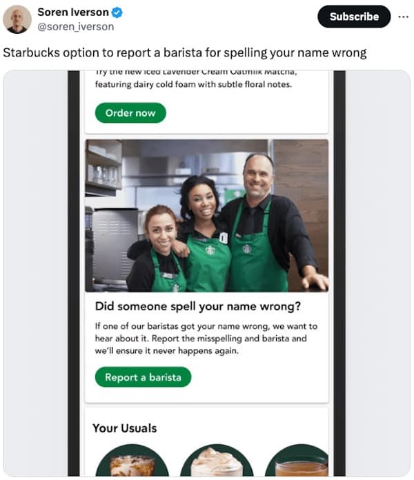 Starbucks option to report a barista for spelling your name wrong