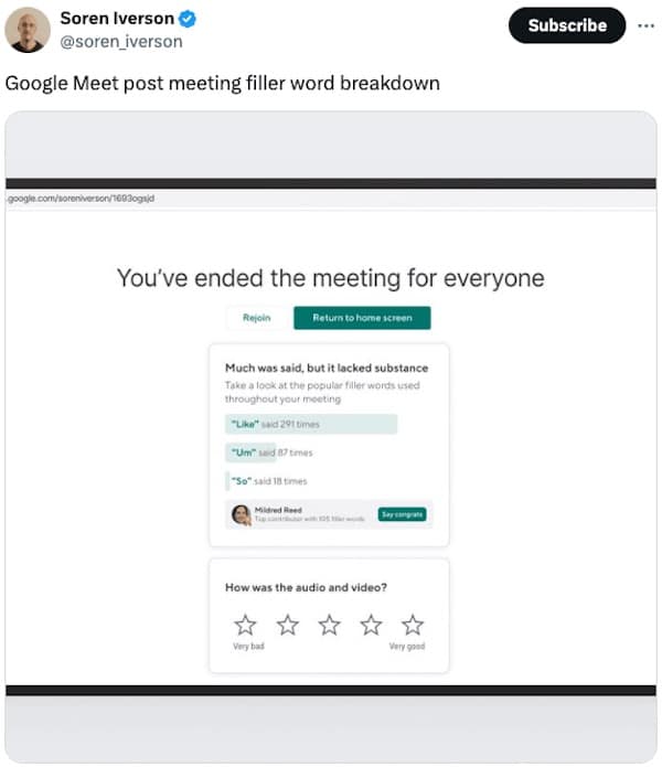 Google Meet post meeting filler word breakdown