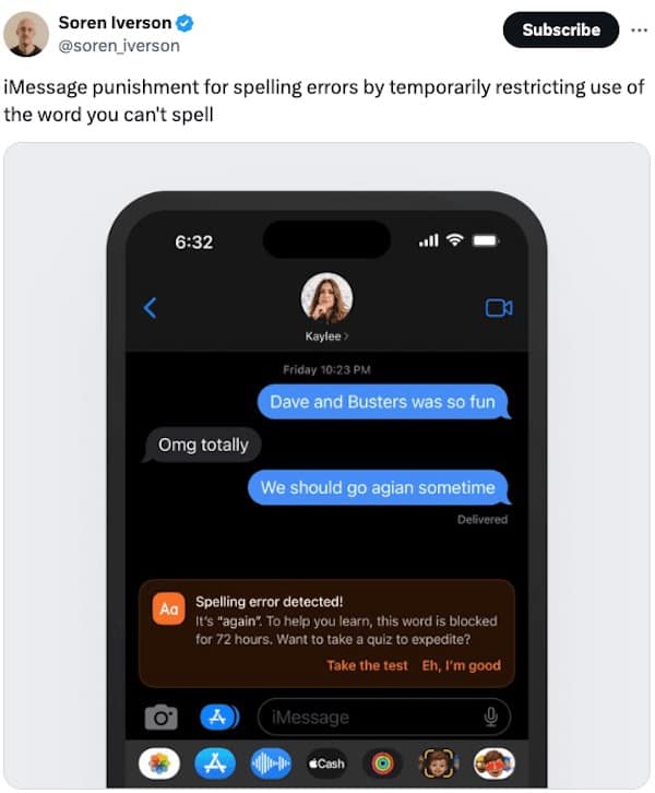 iMessage punishment for spelling errors by temporarily restricting use of the word you can't spell