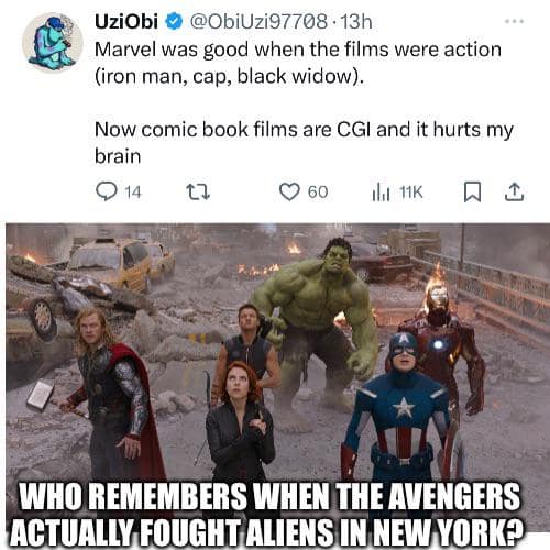 Marvel was good when the films were action (iron man, cap, black widow). Now comic book films are CGI and it hurts my brain