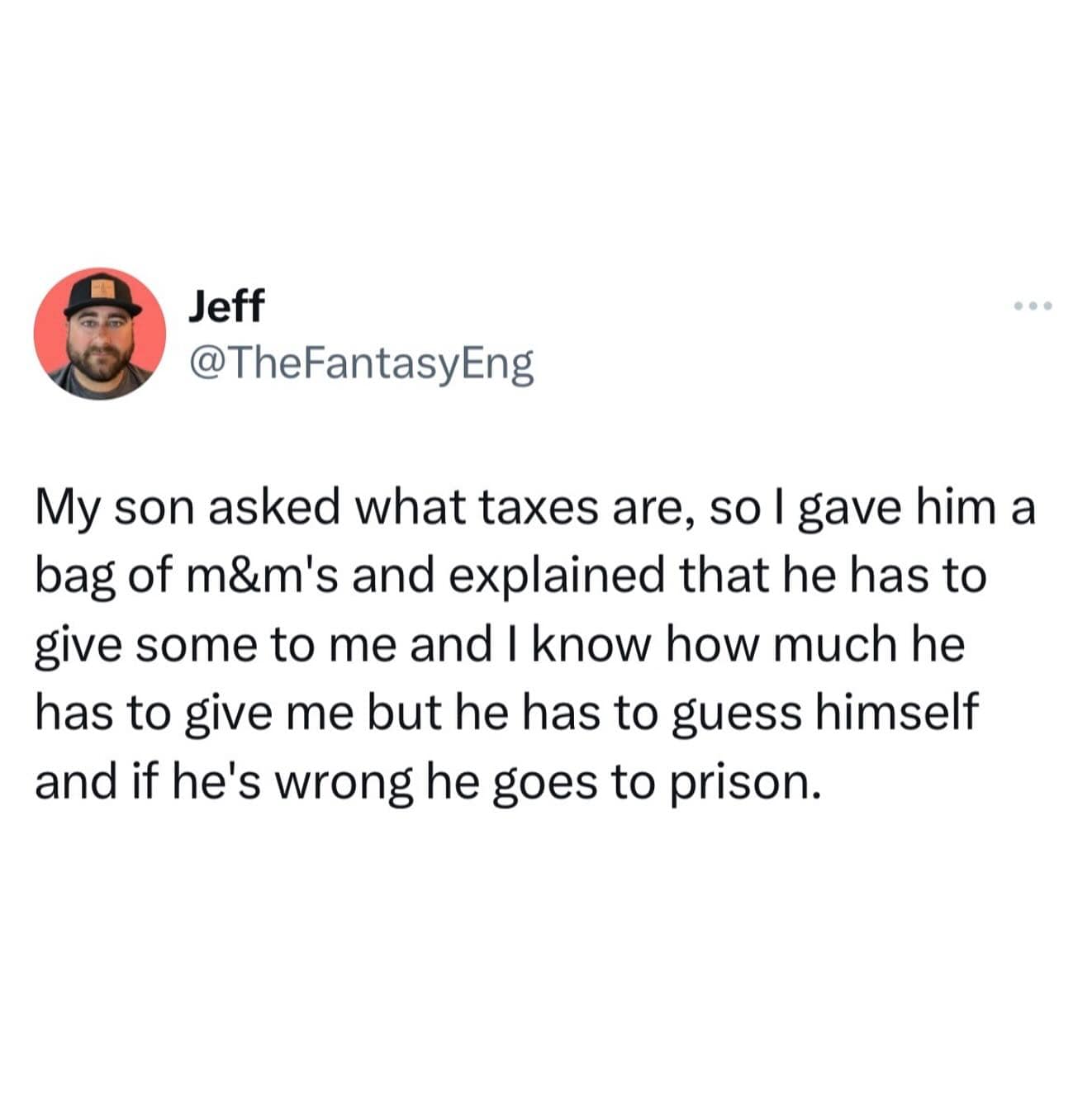 My son asked what taxes are, so I gave him a bag of m&m's and explained that he has to give some to me and I know how much he has to give me but he has to guess himself and if he's wrong he goes to prison.