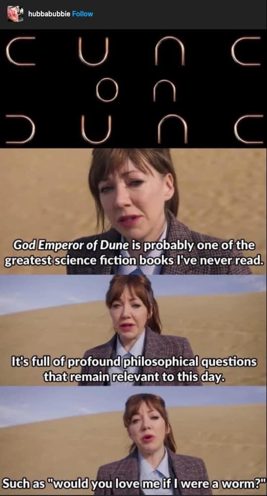God Emperor of Dune is probably one of the greatest science fiction books I've never read. It's full of profound philosophical questions that remain relevant to this day. Such as "would you love me if I were a worm?"