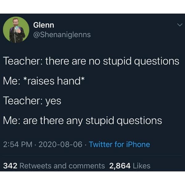 Teacher: there are no stupid questions Me: *raises hand* Teacher: yes Me: are there any stupid questions