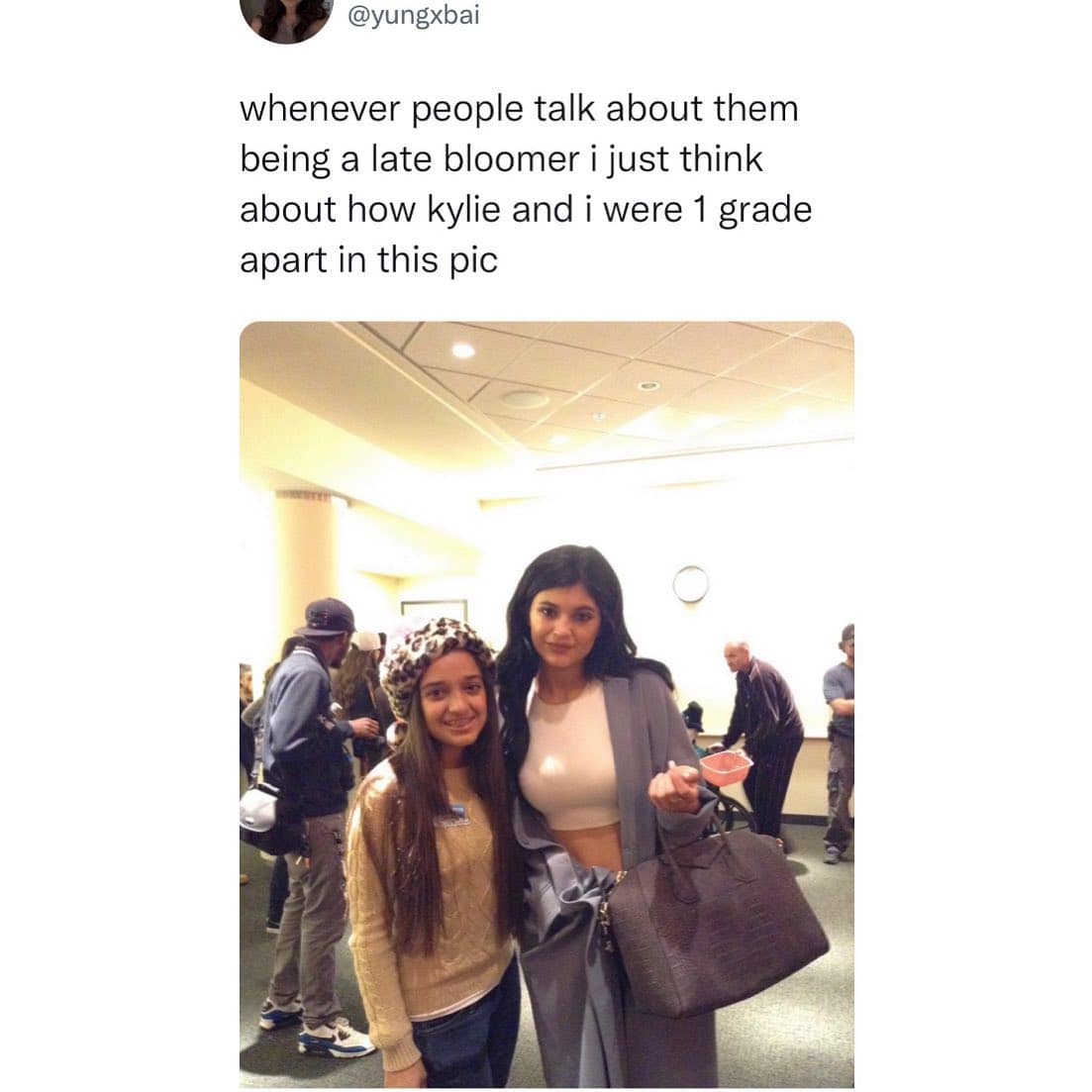 whenever people talk about them being a late bloomer i just think about how kylie and i were 1 grade apart in this pic