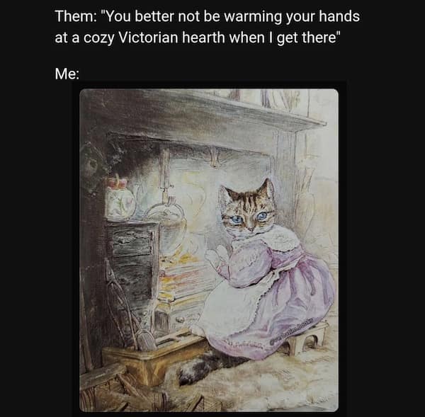 Them: "You better not be warming your hands at a cozy Victorian hearth when I get there" Me: