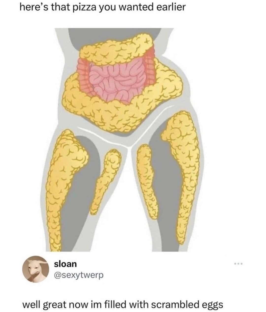 here's that pizza you wanted earlier sloan @sexytwerp well great now im filled with scrambled eggs