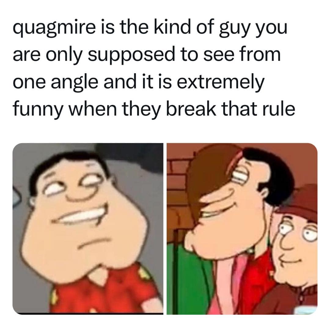 quagmire is the kind of guy you are only supposed to see from one angle and it is extremely funny when they break that rule