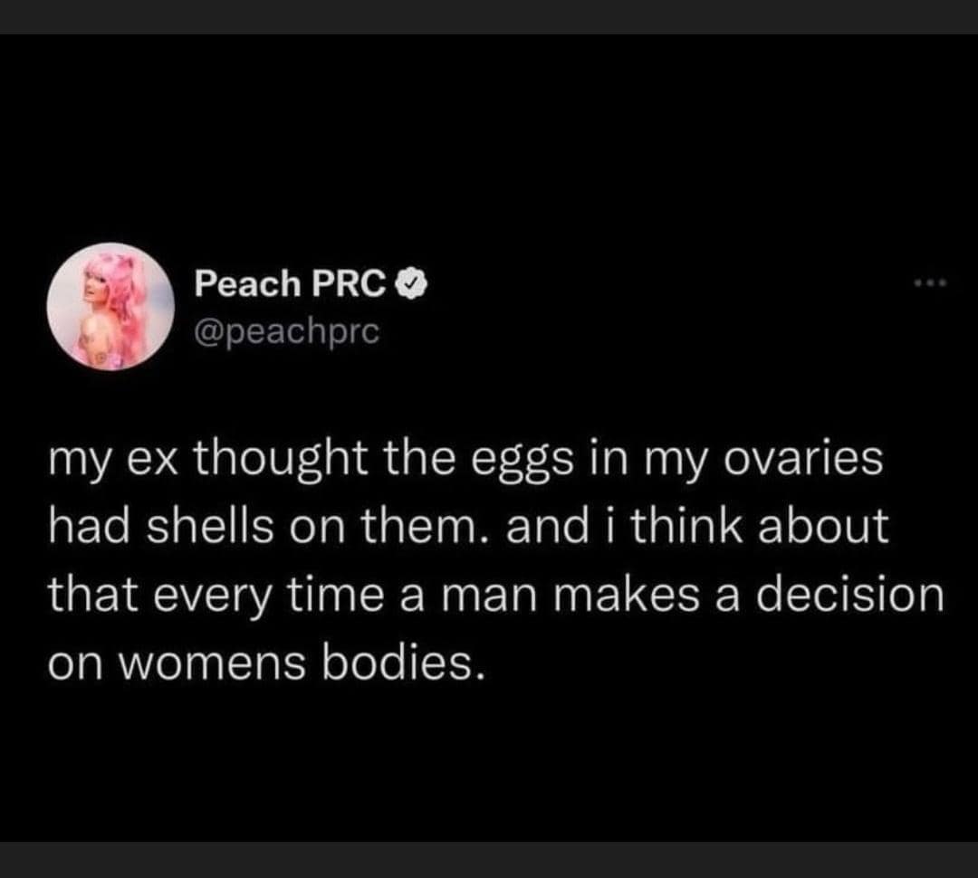 my ex thought the eggs in my ovaries had shells on them. and i think about that every time a man makes a decision on womens bodies.