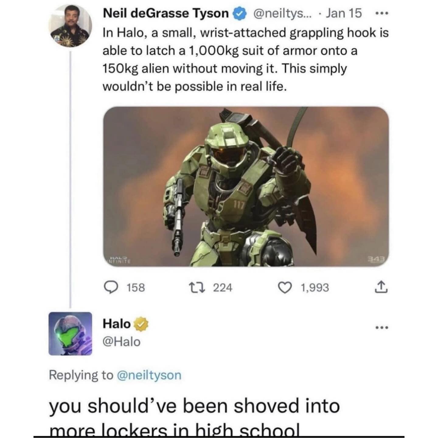 In Halo, a small, wrist-attached grappling hook is able to latch a 1,000kg suit of armor onto a 150kg alien without moving it. This simply wouldn't be possible in real life.