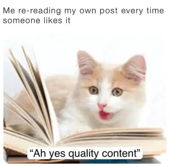 Me re-reading my own post every time someone likes it "Ah yes quality content"
