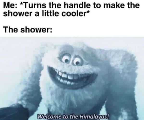 Me: *Turns the handle to make the shower a little cooler* The shower: