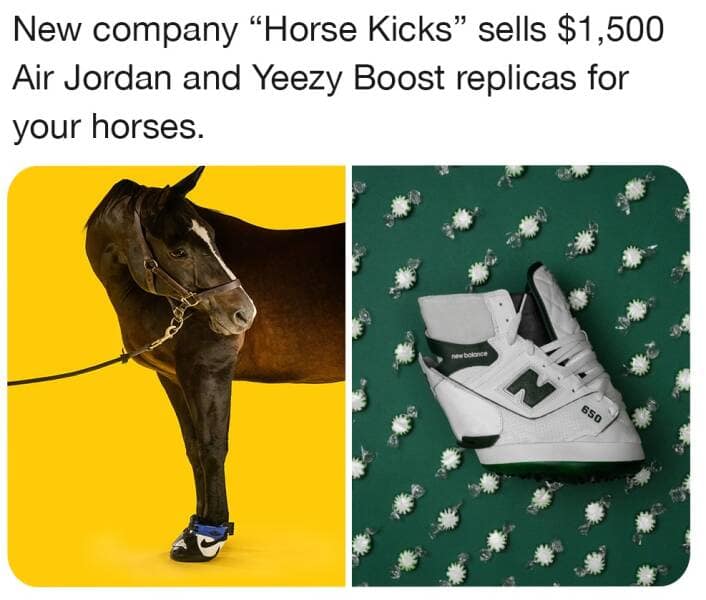 New company "Horse Kicks" sells $1,500 Air Jordan and Yeezy Boost replicas for your horses.