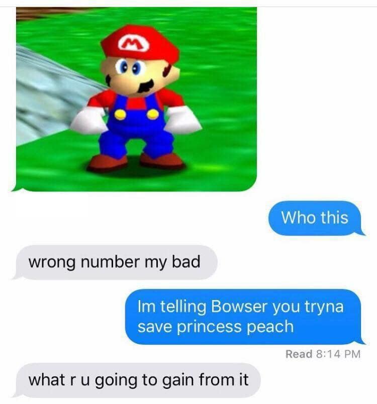 Who this wrong number my bad Im telling Bowser you tryna save princess peach Read 8:14 PM what ru going to gain from it