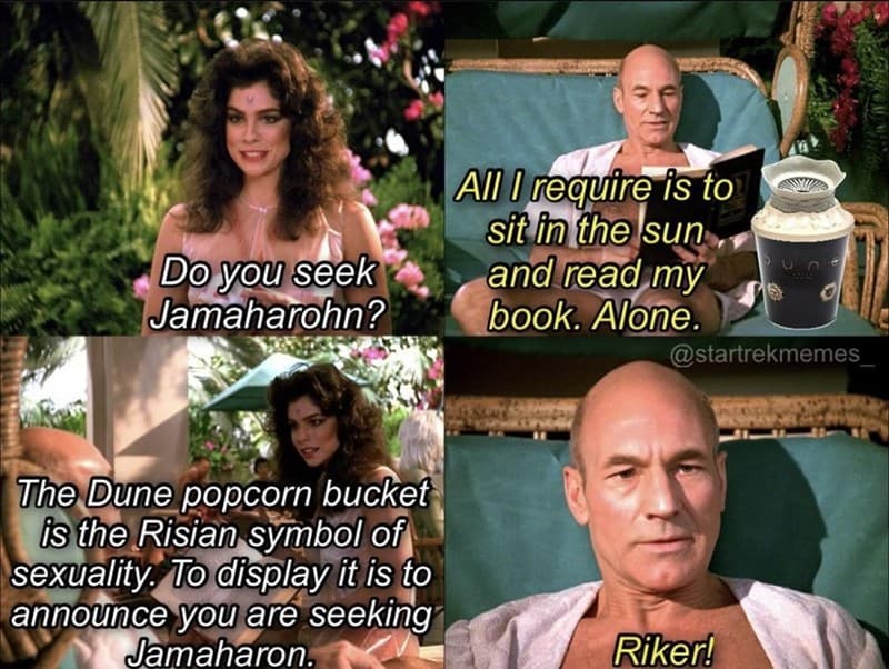 Do you seek Jamaharohn? All I require is to sit in the sun and read my book. Alone. @startrekmemes The Dune popcorn bucket is the Risian symbol of sexuality. To display it is to announce you are seeking